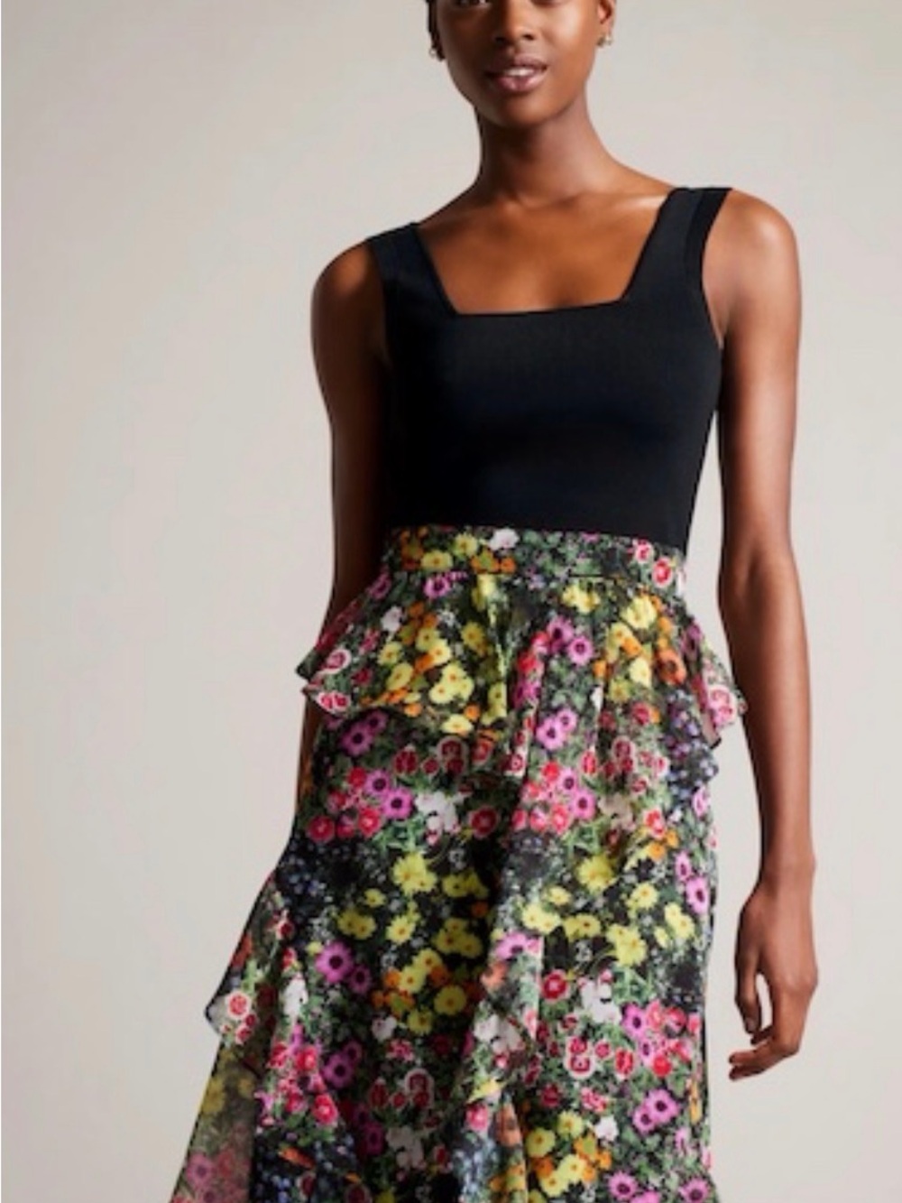 TED BAKER JENNIAS KNIT BODICE DRESS WITH RUFFLE SKIRT, BLACK/MULTI